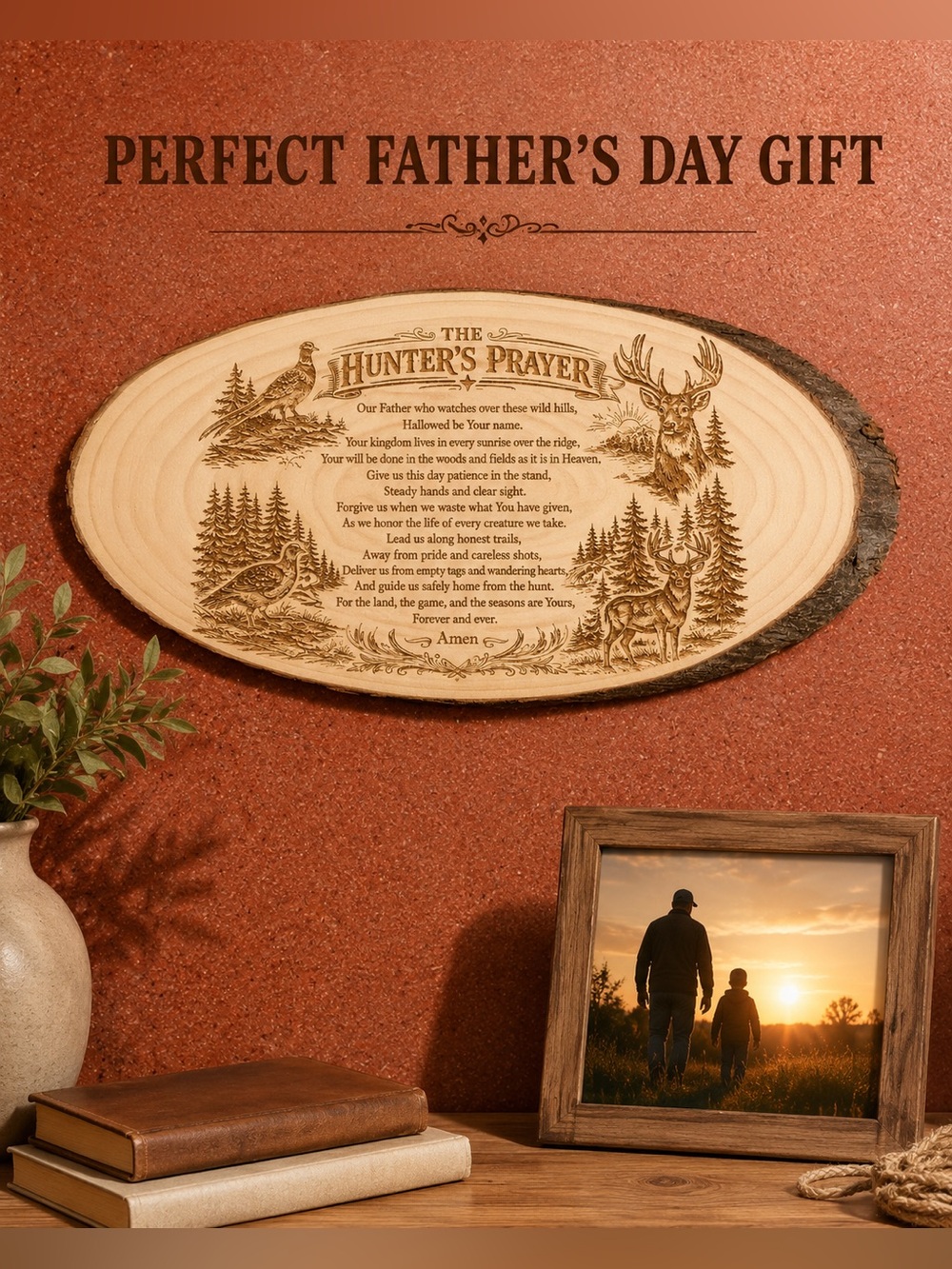 Handcrafted wood engraved tree slice picture with Hunters Prayer NEW